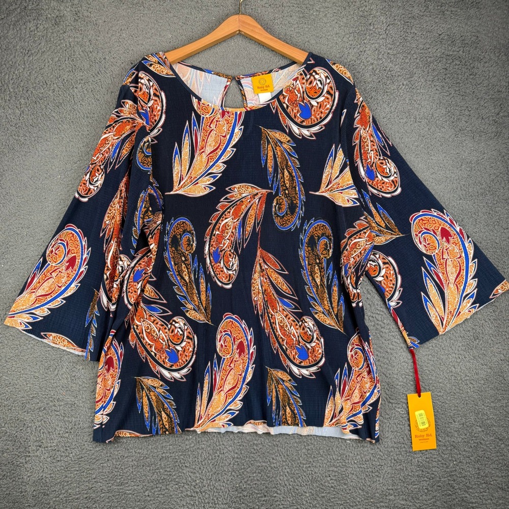 Ruby Rd Woman 2X Navy Blue Paisley Plisse Bell Sleeve Blouse NWT 12382